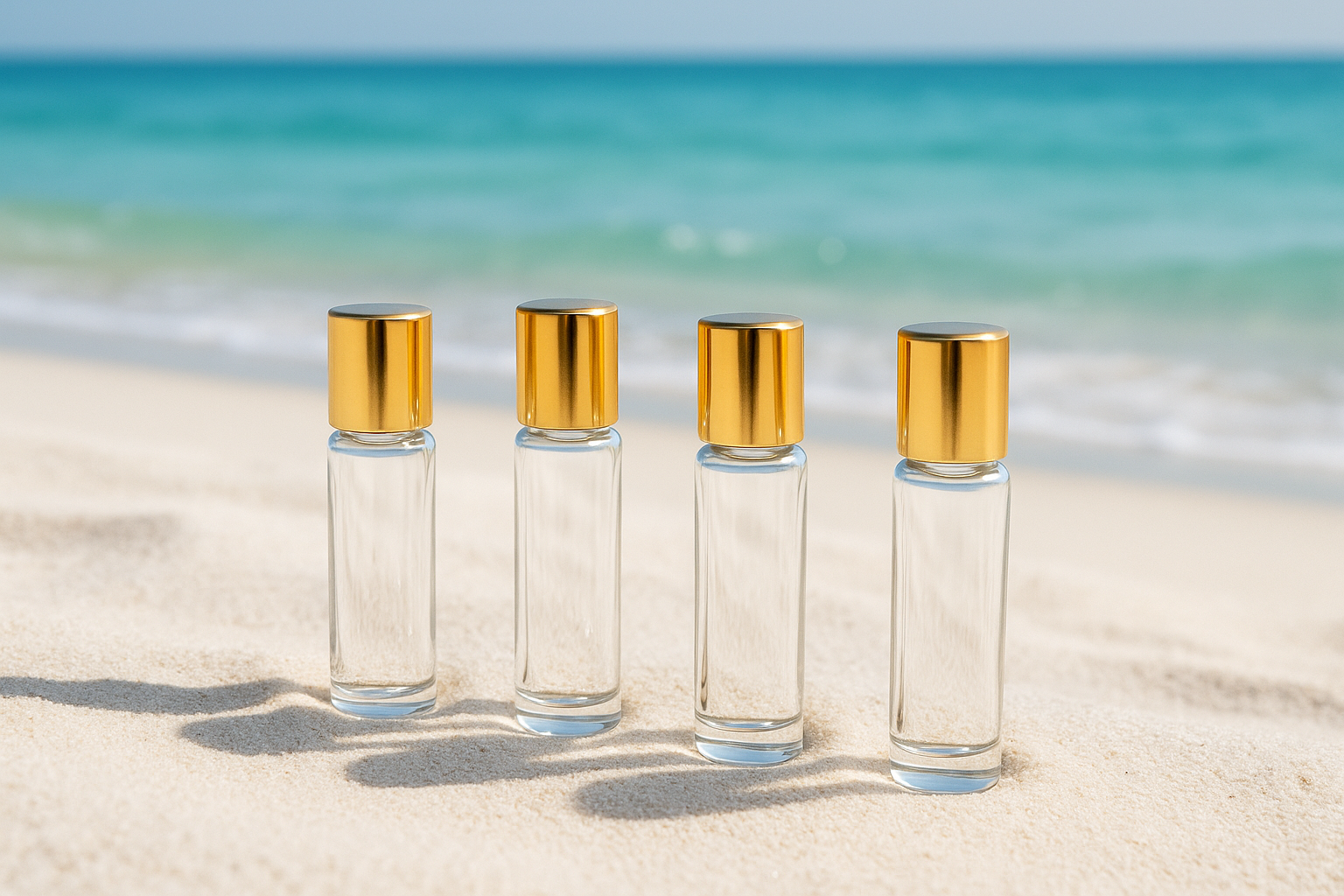 flacon d'echantillons de parfums avec un fond de plage d'été sable blanc 