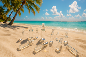 plage d'été palmier sable blanc  avec des echantillons de parfums transparents de 5 ml 